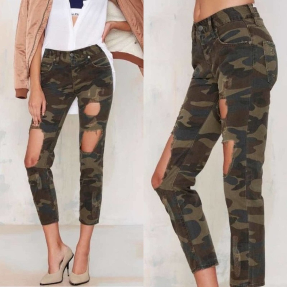 Lovers + Friends Heavily Distressed Ezra Skinny Crop Jeans in Imperial Camo